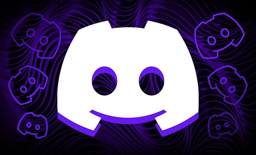 Het Discord-logo in wit met een paarse omtrek, gecentreerd op een wervelende donkerpaarse en zwarte achtergrond. Het wordt omringd door kleinere logo’s, wat een dynamische, energieke uitstraling geeft
