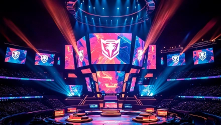 Een bruisende esports-arena met een futuristisch podium, opvallende rode en blauwe verlichting, meerdere grote schermen en een energieke sfeer vol toeschouwers